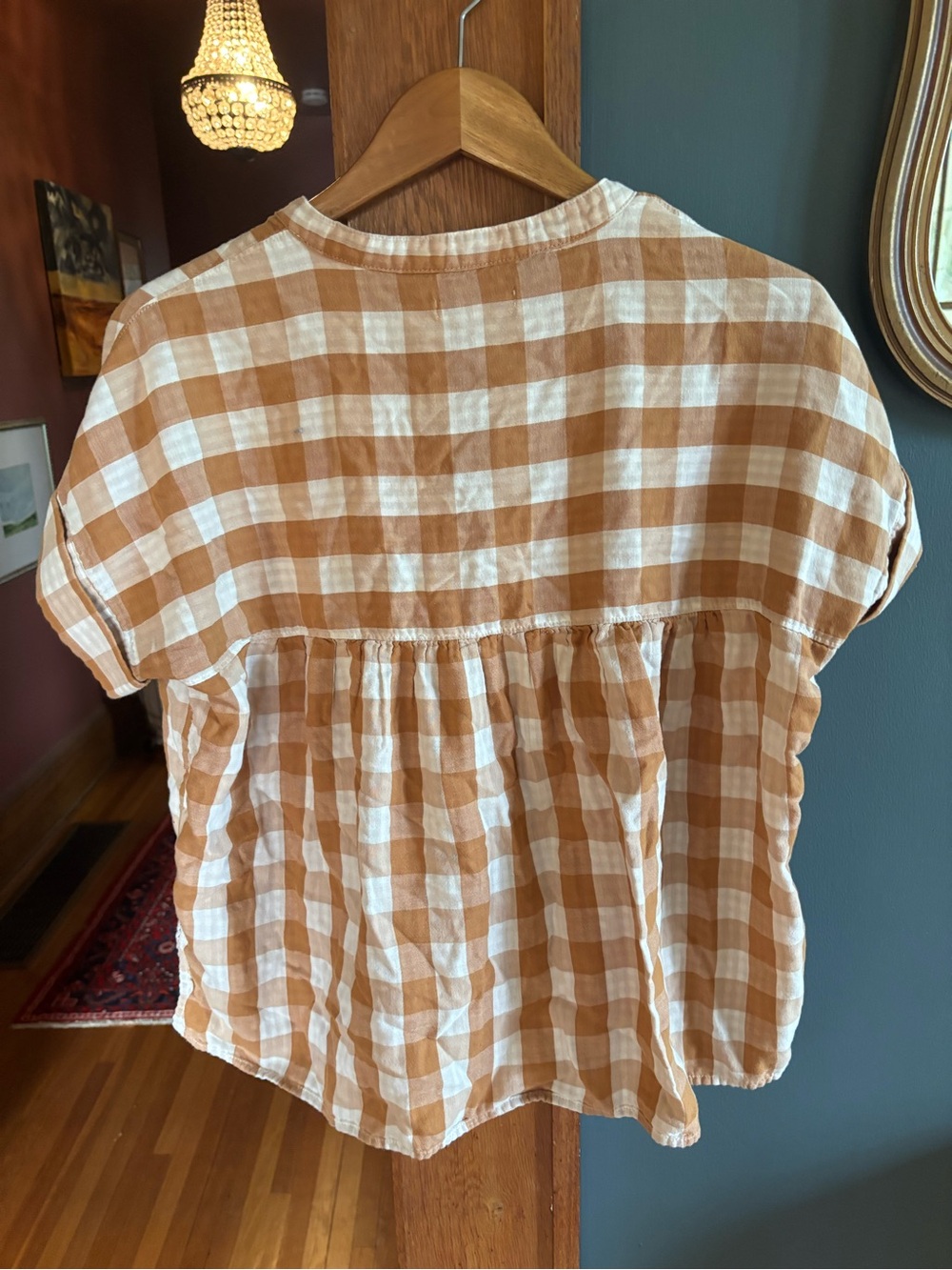 Madewell Tan and White Gingham V-Neck Cotton Top - Picture 3 of 3